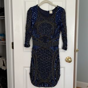Navy Blue Sequin Long Sleeve Mini Cocktail Dress. Size small. Fully lined.
